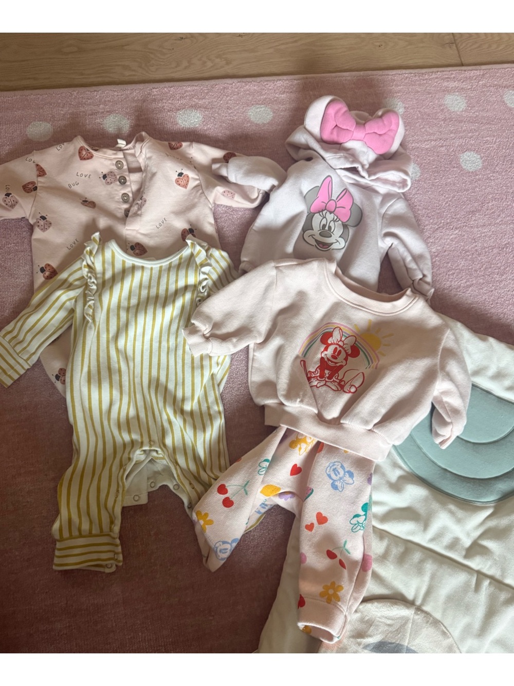 Quincy Mae Baby Pink Minnie Hoodie & Pastel Mix One-Pieces